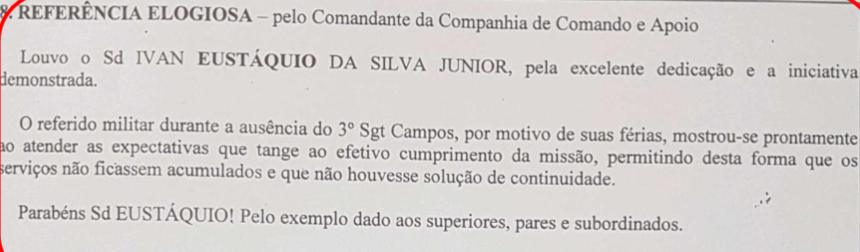 Referência elogiosa recebida no serviço público militar
