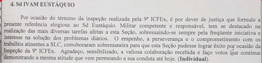 Referência elogiosa recebida após inspeção da 9ª ICFEx